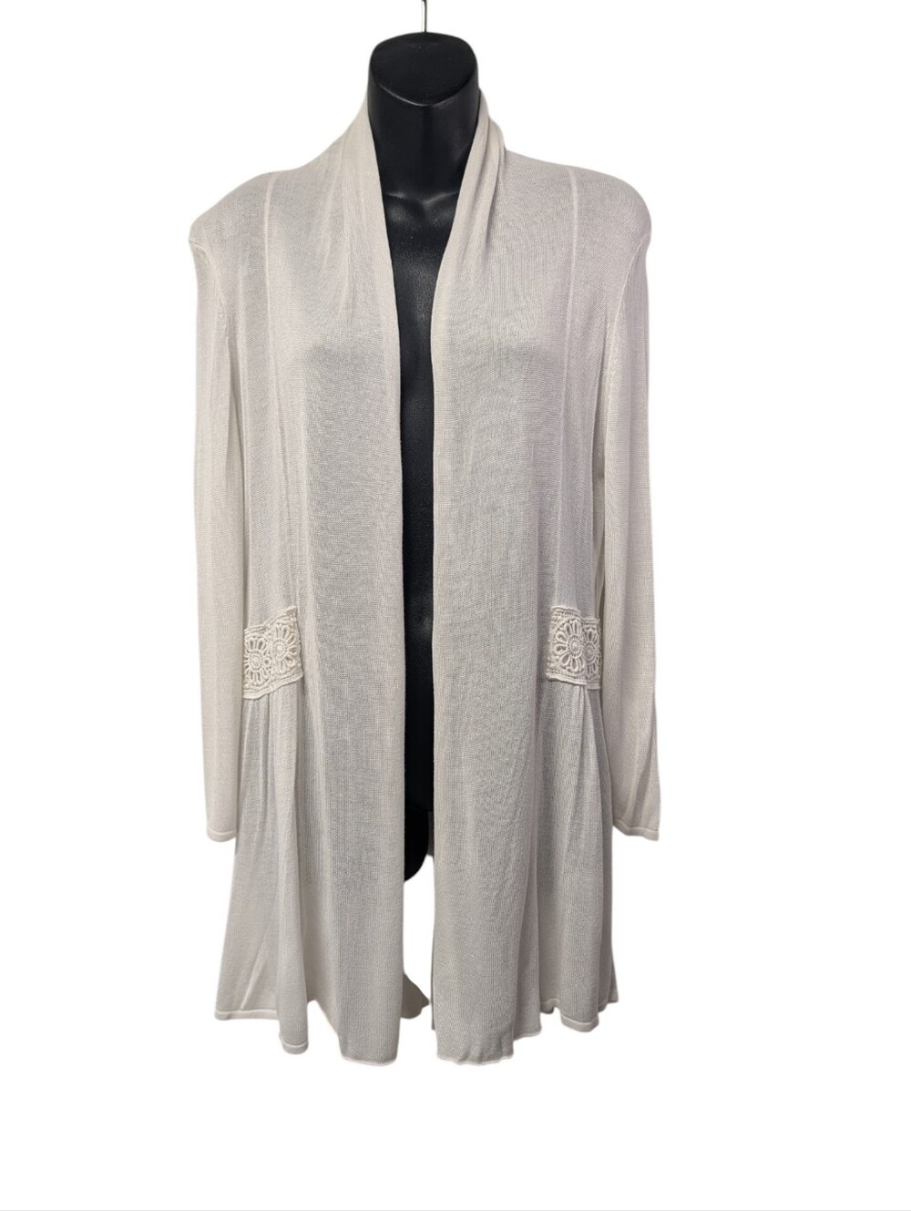 Westport 1962 Women White Open Front Thin Knit Cardigan Lace Trim Long Sleeve L